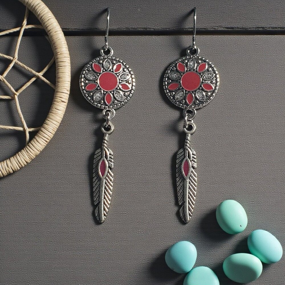 Vintage Style Silver Tone Red Feather Dangle Earrings Southwestern Boho Chic
